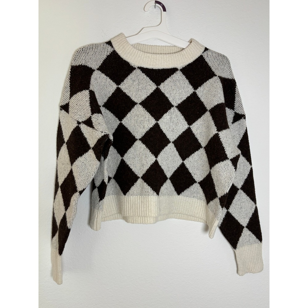 Blu Pepper Brown Cream Argyle Diamond Knit Cropped‎ Sweater Small Crew Neck